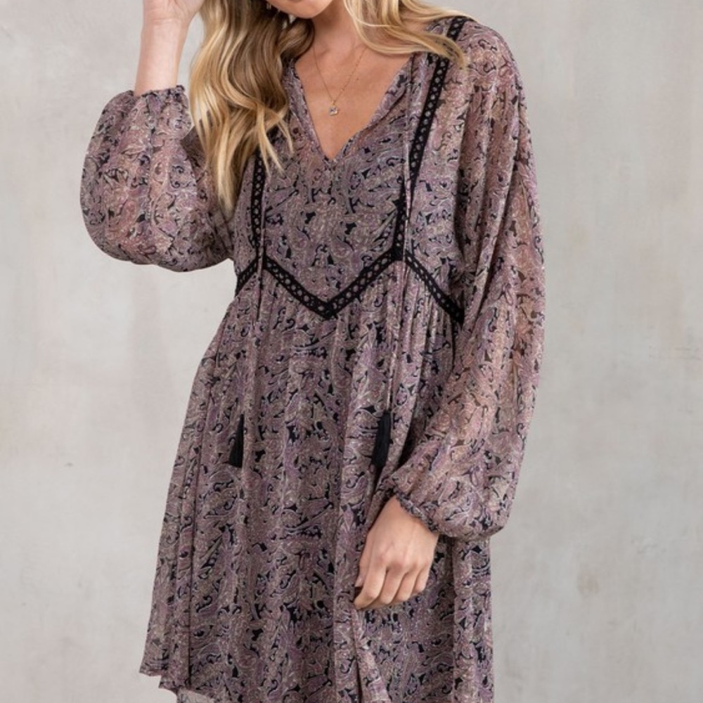 NWT Purple & Black Boho Paisley Print Long Sleeve Dress With Tassels - Picture 1 of 8